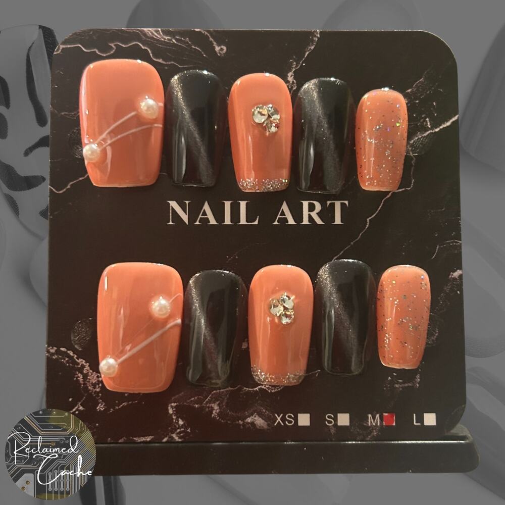 Salmon and Black Medium Square Press On Nails - Size Medium